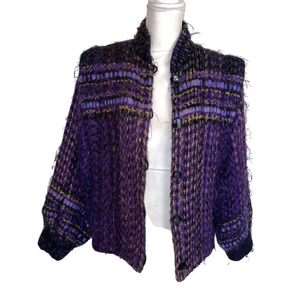 Fiberworks Womens Jacket Size Medium Purple Vintage Handwoven Buttons Pockets - Picture 2 of 16